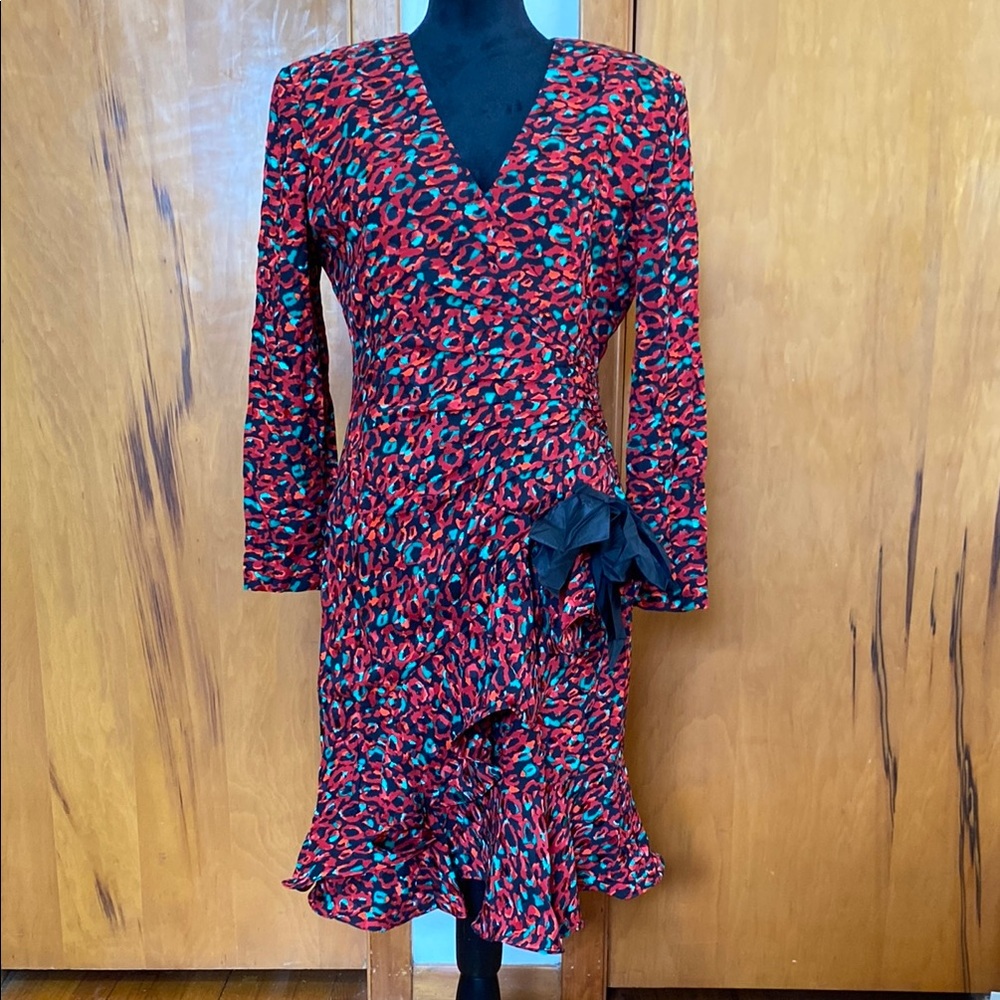VTG Ann Lawrence Today Red Abstract Floral Long Sleeve Dress Bow 100% Silk